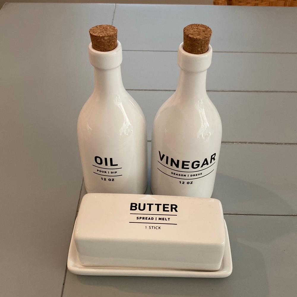 West Elm Utility Stoneware Oil Vinegar & Butter Dish Set